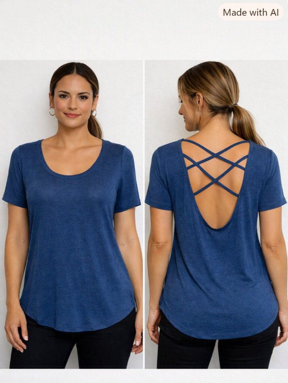 NWOT Chaser Crisscross‑Back Short Sleeve Tunic Scoop Neck Tee in Navy Blue S/M